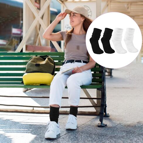 زوجان من الجوارب الناعمة للنساء، جوارب مريحة للطاقم، جوارب مكشكشة لطيفة، جوارب طويلة للربيع والشتاء للنساء والفتيات (مقاس 6-12) (أسود وأبيض) in Kuwait