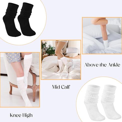 زوجان من الجوارب الناعمة للنساء، جوارب مريحة للطاقم، جوارب مكشكشة لطيفة، جوارب طويلة للربيع والشتاء للنساء والفتيات (مقاس 6-12) (أسود وأبيض) in Kuwait