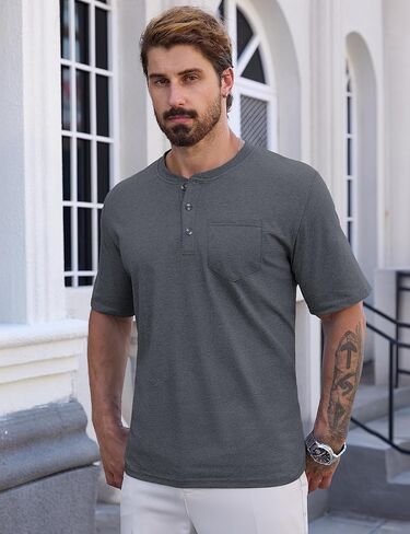 CRYSULLY Men's Henley Shirt Short Sleeve Pocket T-Shirts with 3 Button Shirts Lightweight Fashion Casual Tee Shirt in Kuwait