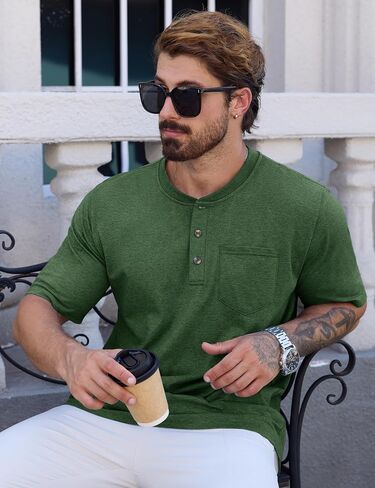CRYSULLY Men's Henley Shirt Short Sleeve Pocket T-Shirts with 3 Button Shirts Lightweight Fashion Casual Tee Shirt in Kuwait