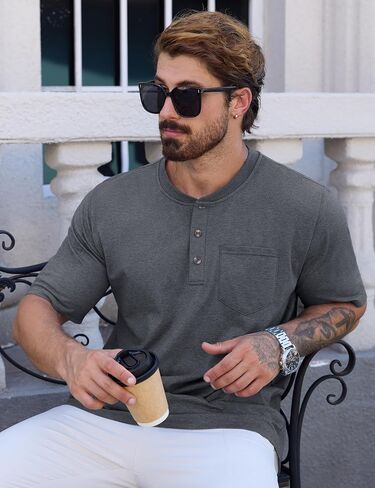 CRYSULLY Men's Henley Shirt Short Sleeve Pocket T-Shirts with 3 Button Shirts Lightweight Fashion Casual Tee Shirt in Kuwait