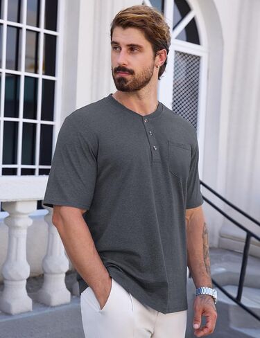 CRYSULLY Men's Henley Shirt Short Sleeve Pocket T-Shirts with 3 Button Shirts Lightweight Fashion Casual Tee Shirt in Kuwait