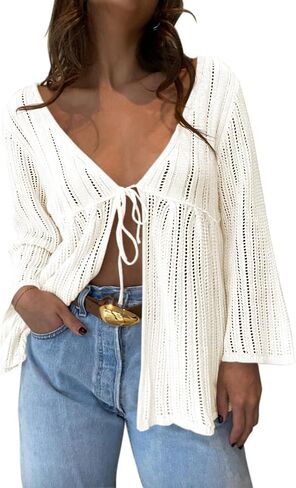 Saodimallsu Womens Summer Lightweight Tie Front Cardigans Crochet Knit Long Bell Sleeve Casual V Neck Beach Cover Ups in Kuwait