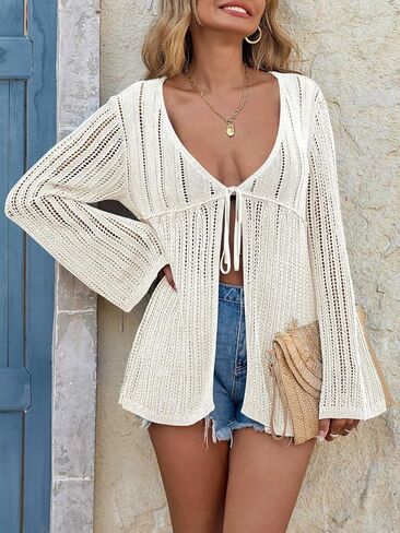 Saodimallsu Womens Summer Lightweight Tie Front Cardigans Crochet Knit Long Bell Sleeve Casual V Neck Beach Cover Ups in Kuwait