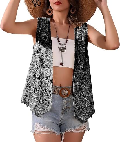Women's Crochet Floral Boho Lace Trim Sleeveless Kimono Open Front Vest Cardigan in Saudi Arabia
