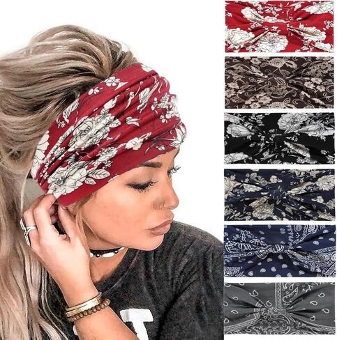 Achiou Wide Headbands for Women Non Slip, Fashion Boho Knotted Hair Bands for Wome's , Cotton Elastic Hair Wrap for Girls Running Sport Yoga,6 Pack in Saudi Arabia