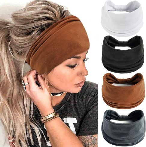 FULZTEY Boho Headbands for Women Vintage Elastic Fabric Printed Hair Bands Workout Wide Knot Sweatbands Soft Cotton Headwraps Yoga Running Hair Accessories for Women Girls 4Pcs in Kuwait