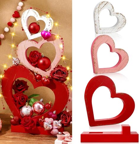 3 Pcs Valentines Day Decorations Wooden Heart Shape Sign Decor Romantic Home Centerpiece Red Heart Stackable with Base Tray Decor for Home Wedding Party Anniversary Couple Valentines Gift in Saudi Arabia