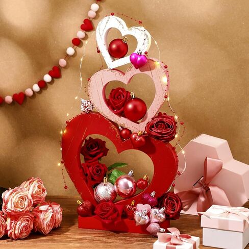 3 Pcs Valentines Day Decorations Wooden Heart Shape Sign Decor Romantic Home Centerpiece Red Heart Stackable with Base Tray Decor for Home Wedding Party Anniversary Couple Valentines Gift in Saudi Arabia