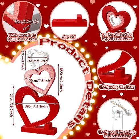 3 Pcs Valentines Day Decorations Wooden Heart Shape Sign Decor Romantic Home Centerpiece Red Heart Stackable with Base Tray Decor for Home Wedding Party Anniversary Couple Valentines Gift in Saudi Arabia