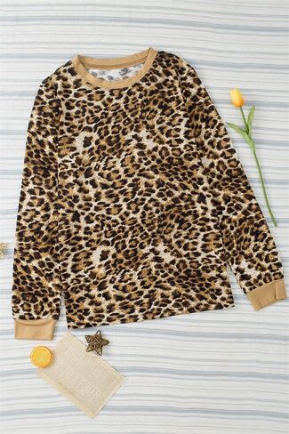 Sulozom Womens Long Sleeve Shirts Crewneck Leopard Printed Tops for Women Casual Dressy Blouses Tee Basic Tops in Saudi Arabia