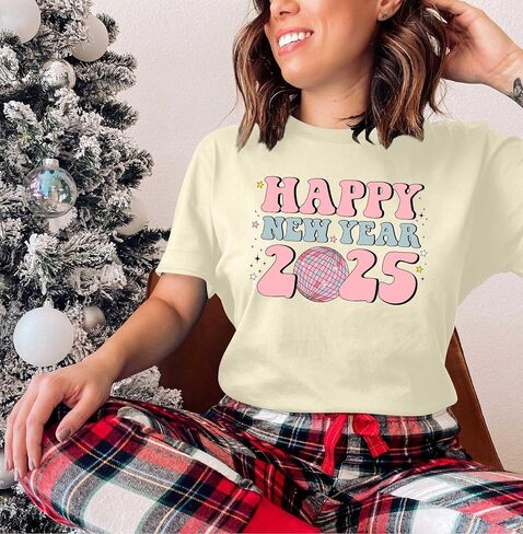 Happy New Year Shirt for Women: 2025 Christmas Shirts Holiday Party Family Tshirt New Years Day Eve Gift Tops in Kuwait