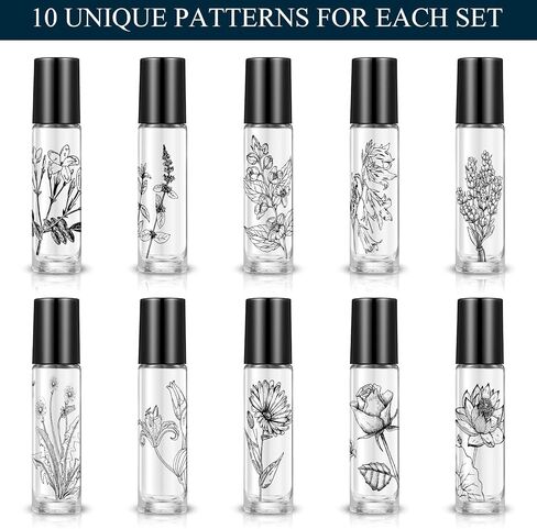 10 Pieces Essential Oil Roller Bottles 10 ml Empty Roller Bottles for Essential Oils Lip Oil, Glass Refillable Oil Container Printed with Patterns in Saudi Arabia