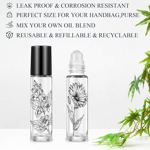 10 Pieces Essential Oil Roller Bottles 10 ml Empty Roller Bottles for Essential Oils Lip Oil, Glass Refillable Oil Container Printed with Patterns in Saudi Arabia