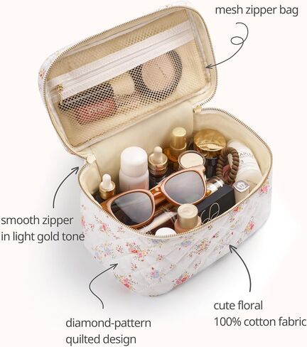 Popvibe Small Quilted Floral Makeup Bag for Purse, White Flower Cotton Quilt Cosmetic Bag for Travel Cute Coquette Mini Bags for Essential Traveling Toiletry Pouch for Women Girls in Saudi Arabia