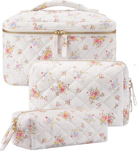 Popvibe Small Quilted Floral Makeup Bag for Purse, White Flower Cotton Quilt Cosmetic Bag for Travel Cute Coquette Mini Bags for Essential Traveling Toiletry Pouch for Women Girls in Saudi Arabia
