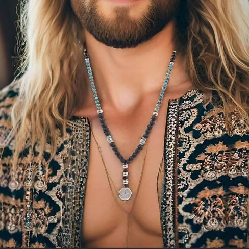 Bohemian Beaded Necklace for Men Pendant with Natural Stone Men's Crystal Necklace Protection Jewelry Gifts for Men in Saudi Arabia