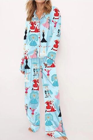 Juakoso Y2K Christmas Pajamas Sets for Women Nutcracker Long Sleeve Shirt Wide Leg Pants Sets Silk Satin Sleepwear in Saudi Arabia