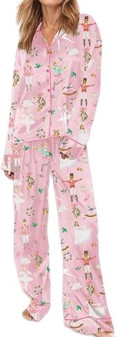 Juakoso Y2K Christmas Pajamas Sets for Women Nutcracker Long Sleeve Shirt Wide Leg Pants Sets Silk Satin Sleepwear in Saudi Arabia