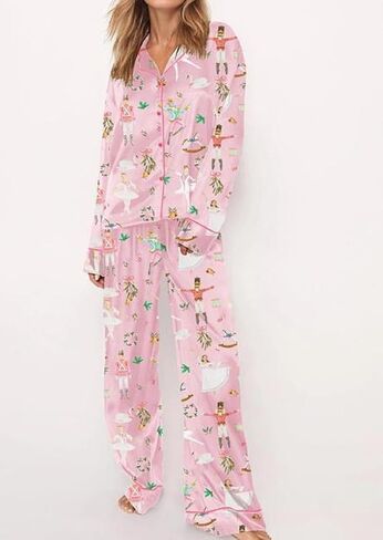 Juakoso Y2K Christmas Pajamas Sets for Women Nutcracker Long Sleeve Shirt Wide Leg Pants Sets Silk Satin Sleepwear in Saudi Arabia