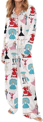 Juakoso Y2K Christmas Pajamas Sets for Women Nutcracker Long Sleeve Shirt Wide Leg Pants Sets Silk Satin Sleepwear in Saudi Arabia