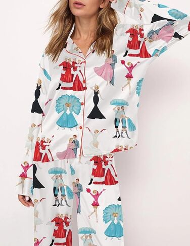 Juakoso Y2K Christmas Pajamas Sets for Women Nutcracker Long Sleeve Shirt Wide Leg Pants Sets Silk Satin Sleepwear in Saudi Arabia