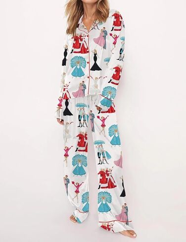 Juakoso Y2K Christmas Pajamas Sets for Women Nutcracker Long Sleeve Shirt Wide Leg Pants Sets Silk Satin Sleepwear in Saudi Arabia