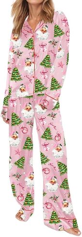 Juakoso Y2K Christmas Pajamas Sets for Women Nutcracker Long Sleeve Shirt Wide Leg Pants Sets Silk Satin Sleepwear in Saudi Arabia