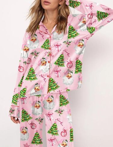 Juakoso Y2K Christmas Pajamas Sets for Women Nutcracker Long Sleeve Shirt Wide Leg Pants Sets Silk Satin Sleepwear in Saudi Arabia