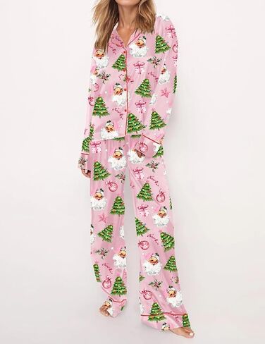 Juakoso Y2K Christmas Pajamas Sets for Women Nutcracker Long Sleeve Shirt Wide Leg Pants Sets Silk Satin Sleepwear in Saudi Arabia