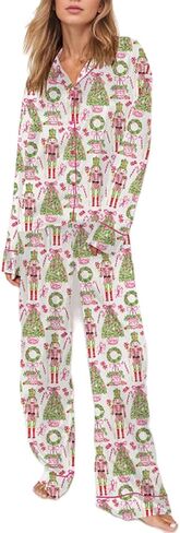 Juakoso Y2K Christmas Pajamas Sets for Women Nutcracker Long Sleeve Shirt Wide Leg Pants Sets Silk Satin Sleepwear in Saudi Arabia