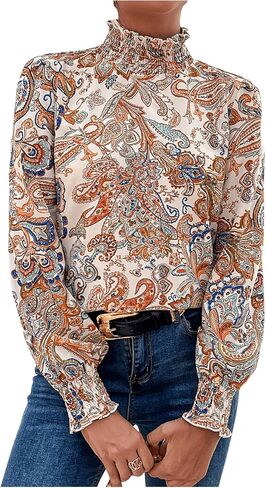 WDIRARA Women's Paisley Print Mock Neck Blouse Puff Long Sleeve Frill Trim Boho Shirt Tops in Saudi Arabia