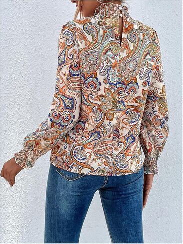 WDIRARA Women's Paisley Print Mock Neck Blouse Puff Long Sleeve Frill Trim Boho Shirt Tops in Saudi Arabia