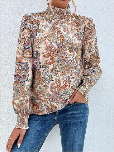 WDIRARA Women's Paisley Print Mock Neck Blouse Puff Long Sleeve Frill Trim Boho Shirt Tops in Saudi Arabia