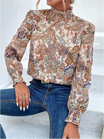 WDIRARA Women's Paisley Print Mock Neck Blouse Puff Long Sleeve Frill Trim Boho Shirt Tops in Saudi Arabia