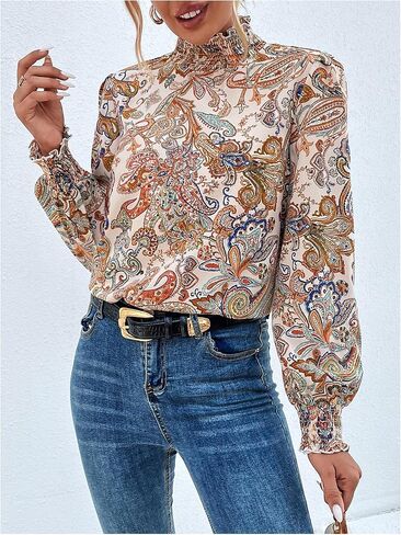 WDIRARA Women's Paisley Print Mock Neck Blouse Puff Long Sleeve Frill Trim Boho Shirt Tops in Saudi Arabia