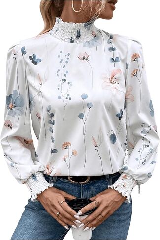 WDIRARA Women's Paisley Print Mock Neck Blouse Puff Long Sleeve Frill Trim Boho Shirt Tops in Saudi Arabia