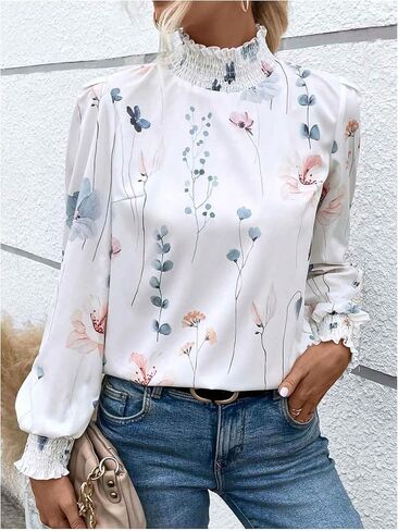 WDIRARA Women's Paisley Print Mock Neck Blouse Puff Long Sleeve Frill Trim Boho Shirt Tops in Saudi Arabia