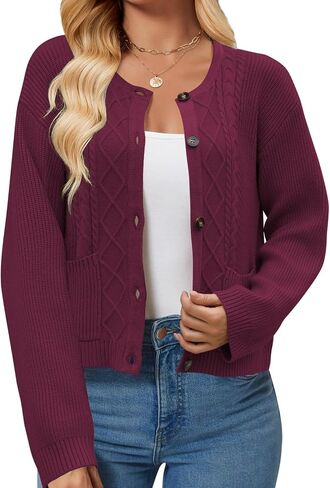 Women's 2024 Long Sleeve Knit Oversized Cardigan Crewneck Open Front Button Sweater Outerwear with Pockets in Saudi Arabia