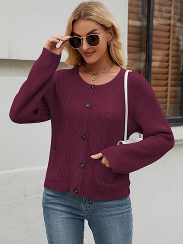 Women's 2024 Long Sleeve Knit Oversized Cardigan Crewneck Open Front Button Sweater Outerwear with Pockets in Saudi Arabia