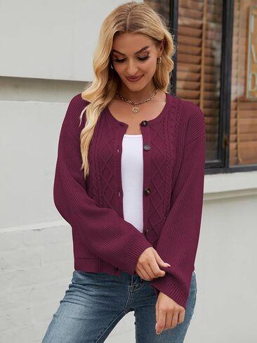 Women's 2024 Long Sleeve Knit Oversized Cardigan Crewneck Open Front Button Sweater Outerwear with Pockets in Saudi Arabia