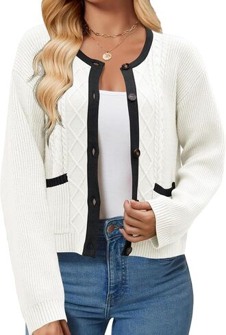Women's 2024 Long Sleeve Knit Oversized Cardigan Crewneck Open Front Button Sweater Outerwear with Pockets in Saudi Arabia
