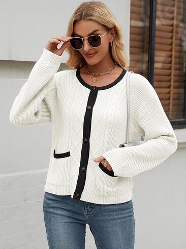 Women's 2024 Long Sleeve Knit Oversized Cardigan Crewneck Open Front Button Sweater Outerwear with Pockets in Saudi Arabia