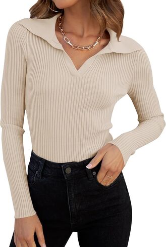 ZESICA Sweaters for Women Spring Long Sleeve V Neck Ribbed Knit Pullover Tops Casual Slim Fit Basic Tee Shirts in Saudi Arabia