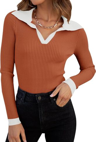 ZESICA Sweaters for Women Spring Long Sleeve V Neck Ribbed Knit Pullover Tops Casual Slim Fit Basic Tee Shirts in Saudi Arabia