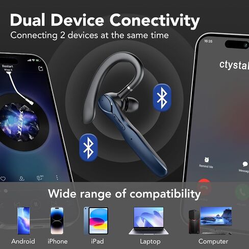 FAMOO Bluetooth Headset, Wireless Bluetooth Earpiece V5.3 with ENC Mic, 100 Hours Talktime Hands Free Single Ear Headset, Charging Case LED Display, Headphones for Truker, Business, Office in Saudi Arabia