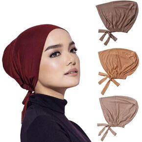 4 Pcs Women Hijab Undercap Islamic Muslim Inner Beanies Cap with Tie Back Closure, Adjustable Underscarf Hat Chemo Turban Cap(Color#2)