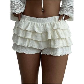 Women's Elastic Waist Ruffle Tiered Shorts Casual Mini Skort Low Rise Bloomers