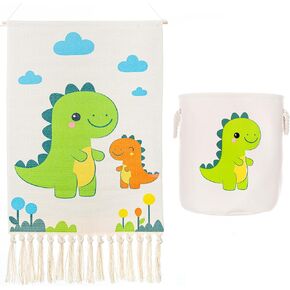 Macrakido - Cute Dinosaur Vertical Tapestry Set for Kids Room – Boho Cotton Macrame Wall Hanging with Matching Laundry Bag, Art decor and storage for Bedroom Playroom or Nursery