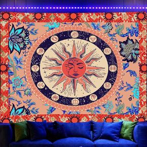 Algasan Blacklight Sun and Moon Tapestry Boho Sun Tapestries UV Reactive Yellow Orange Astrology Mandala Plants Sun Moon Stars Tapestry Wall Hanging for Bedroom(35.4 x 47.2 inches)